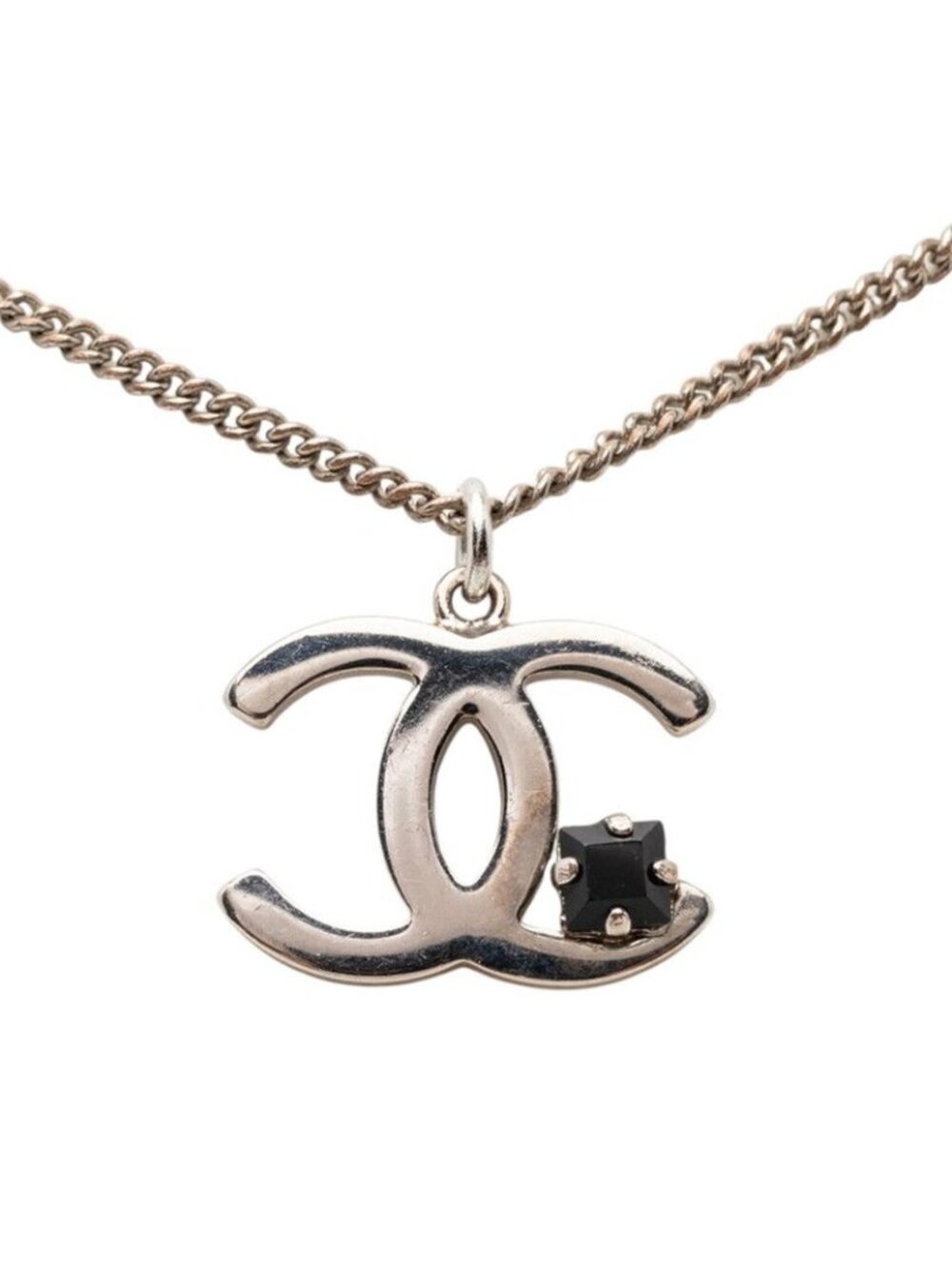 Chanel CC Logo Necklace Silver Black Metal Color Stone - Picture 1 of 6